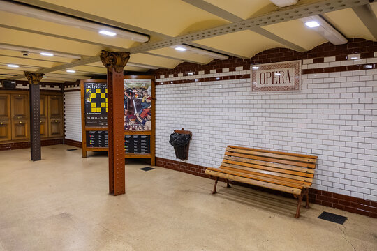 Interior of metro station Opera of Yellow M1 (Millennium Underground, 1896) line. It is located under Andrassy Avenue in front of the Hungarian State Opera House. BUDAPEST, HUNGARY. OCTOBER 10, 2024.