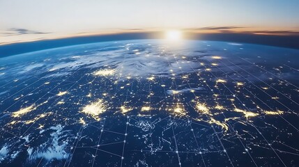 A sunrise over Earth with glowing city lights and a network of interconnected lines, representing global connectivity.