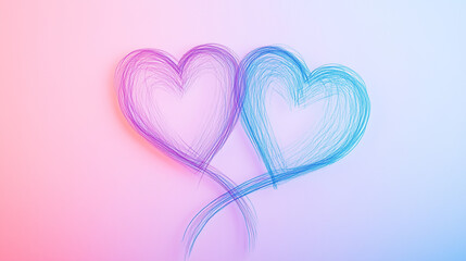 Pink and blue intertwined hearts drawn with a single line on a pastel background