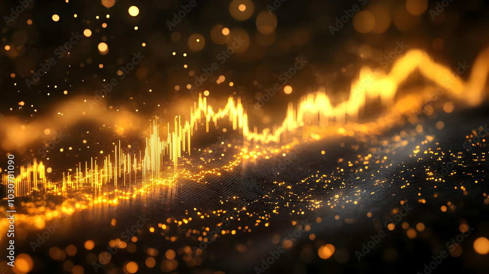 Poster abstract visualization of a golden wave with glowing particles.
