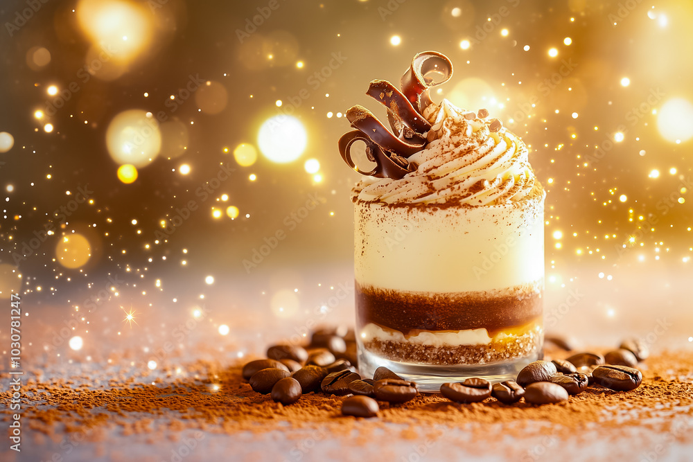 Poster a delightful miniature tiramisu features delicate layers of mascarpone and cocoa topped with chocola