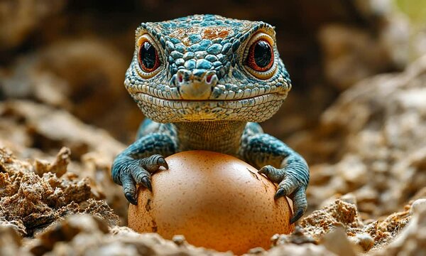 A colorful lizard holding an egg in a natural setting.