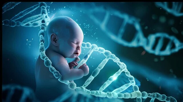 A futuristic baby surrounded by a DNA helix, symbolizing the connection between technology and human evolution, with a focus on genetics and innovation