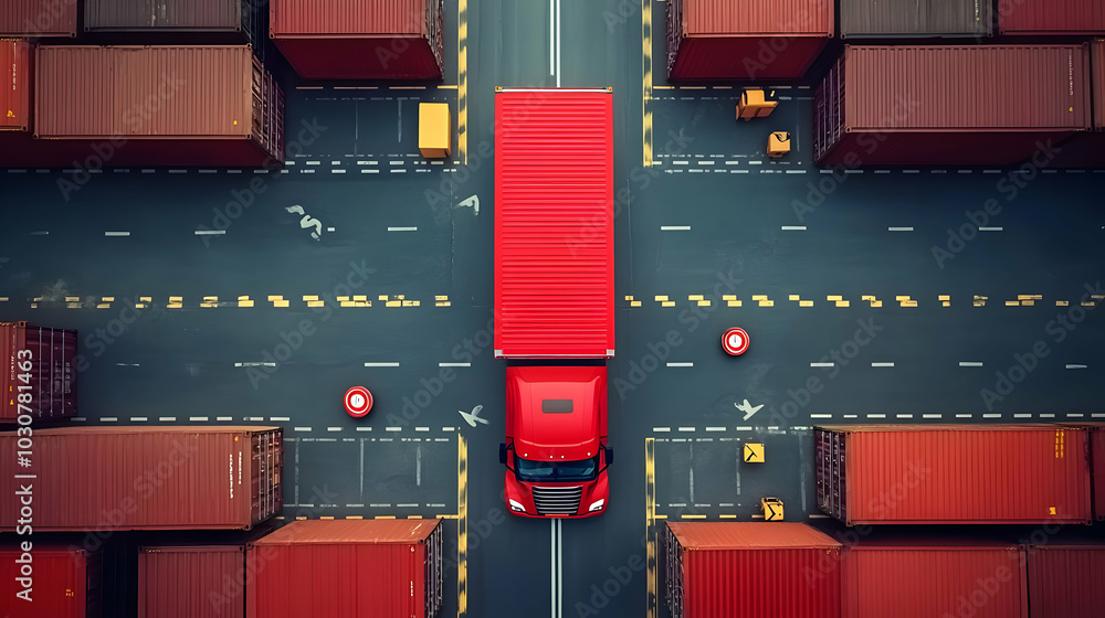Poster aerial view of a red truck navigating a shipping container yard.