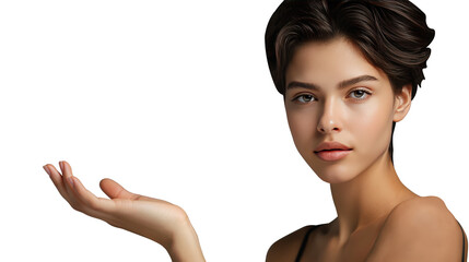 Model Extending One Hand Left for Product Placement on Transparent Background
