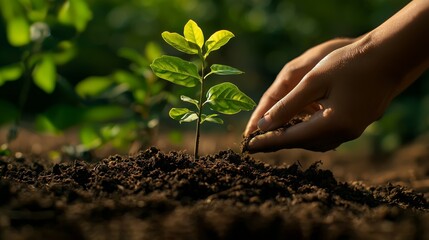 Fototapeta premium Hands Planting a Young Tree Sapling in Soil