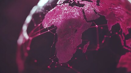 A stylized globe with continents highlighted with red lines and dots, representing global network connections.