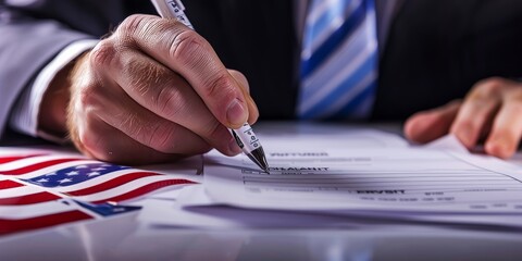 Businessman signing a document with an American flag in the background