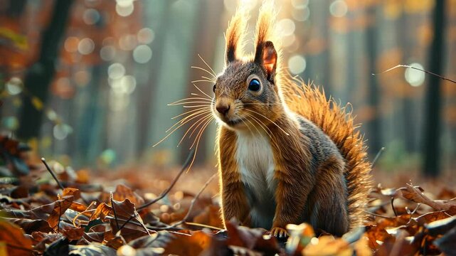 A curious squirrel stands amongst fallen leaves in an autumn forest