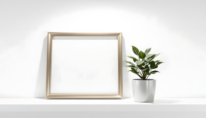 The mockup of the metallic photo frame and flower pot stand on the shelf isolated with white highlights, png