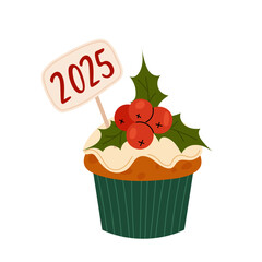 Christmas muffin with ilex berries. Festive baking. Flat illustration of food on white background. 2025