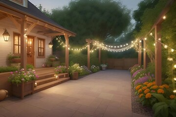 A picturesque house with a welcoming porch, illuminated by lights gracefully draped across the front yard.