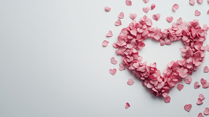 Valentine's day heart-shaped photo frame on white background with pink petals