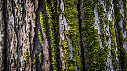 Obraz premium A close-up of a tree trunk covered in vibrant green moss, highlighting the intricate textures of nature and the beauty of forest life