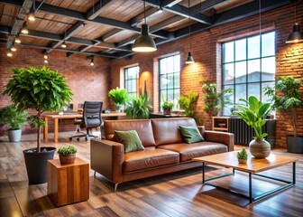 Modern Open Office Space with Couch and Desks - Macro Photography
