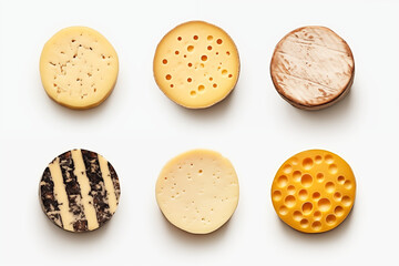 Fototapeta premium Top view cheeses on withe background. PNG cutout. Cheeses related themes. Buying and selling cheeses. Images for graphic designers. Isolated cheese. Image for website.