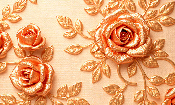 a floral rose gold pattern where detailed roses and vines are embossed with a metallic sheen reflecting soft light