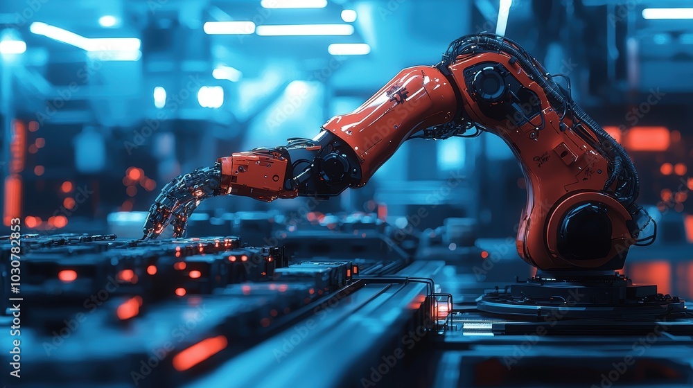 Poster Robotic Arm Assembling Products in High-Tech Factory for Industrial Automation