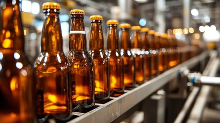 Brown glass beer drink alcohol bottles, brewery conveyor, modern production line.