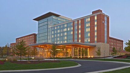 Modern hospital building with steel and glass elements, showcasing a sleek, futuristic approach to healthcare architecture.