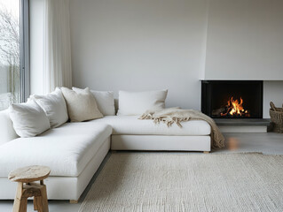 Minimalist living room with neutral tones and cozy fireplace