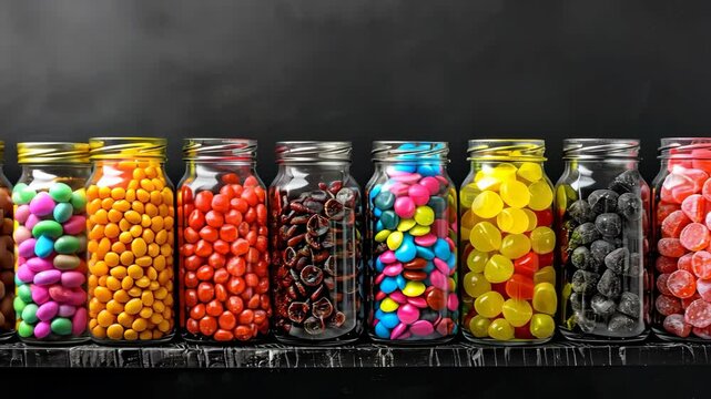 A row of glass jars filled with colorful candies sits on a shelf