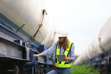 Female warehouse and chemical arrangement  or senior engineer working at  A station designed for...