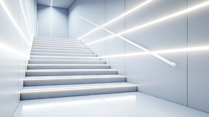 Fototapeta premium Modern luxury home interior with a sleek, minimalistic wooden staircase leading to the second floor, perfectly lit by natural light