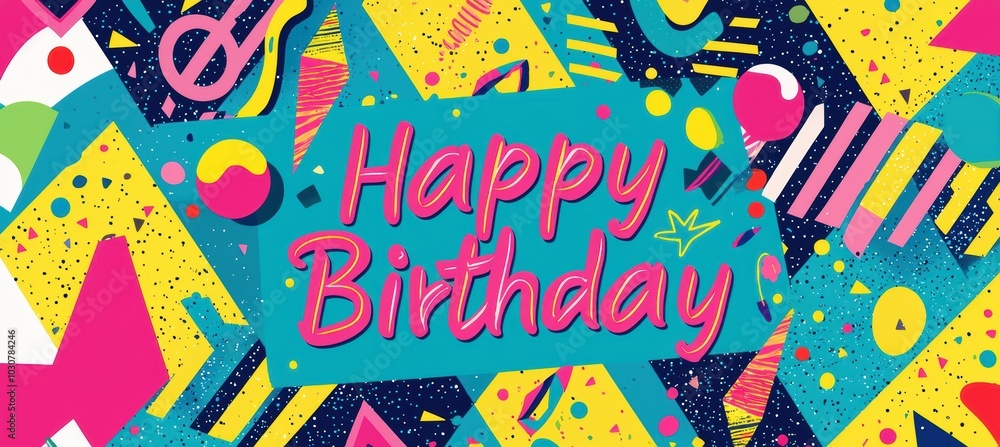 Canvas Prints retro neon birthday card with geometric patterns and 1980s font design for poster