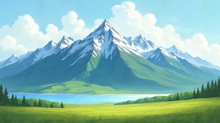 Fototapeta premium Majestic Mountain Range with Snowcapped Peaks and Serene Lake
