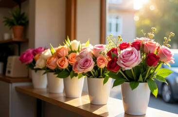 beautiful delicate flowers roses are collected in bouquets stand in white vases pots on the windowsill near the display case