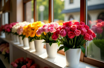 beautiful delicate flowers roses are collected in bouquets stand in white vases pots on the windowsill near the display case