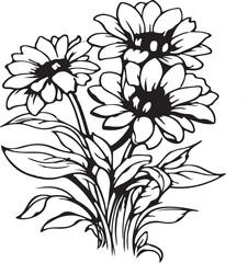 Flower botanical black and white clip art isolated on white background stock illustration, large sunflower vector with bold petals and leaves