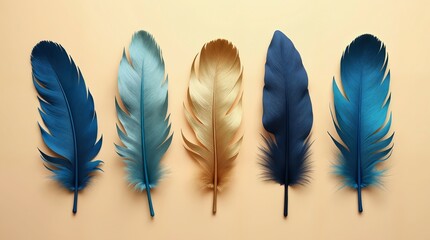 Five Colorful Feathers on a Peach Background