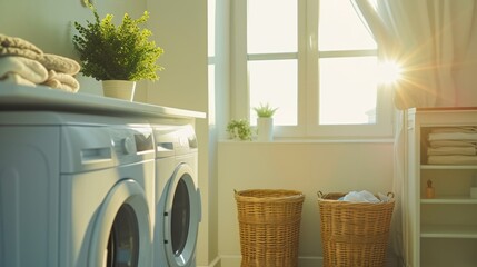 Bright Laundry Room with Washing Machine, Baskets and Sunlight