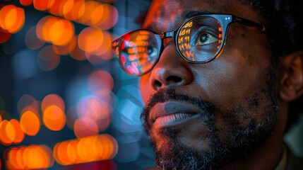 Serious Black Man Analyzes Real-time Stock Charts on Multiple Screens in Office at Night.