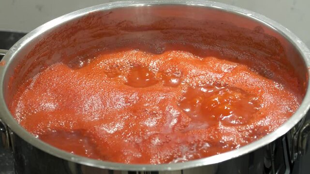 Footage of tomatoes being cooked for canning.