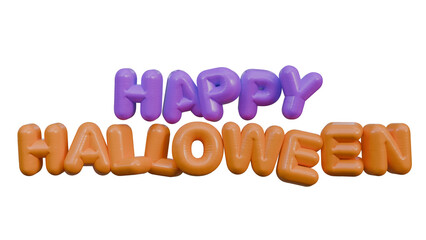 Illustration of "Happy Halloween" made from orange and purple balloon letters on a transparent background. 