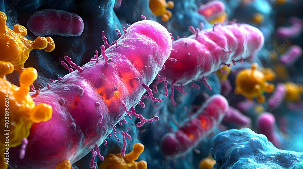 Poster close-up view of colorful bacteria under a microscope.