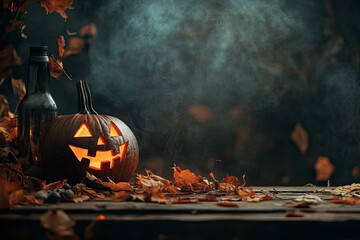 Naklejka premium Halloween celebration background with empty space. Scary dark autumn background. Happy Halloween scene for advertising products with generative ai
