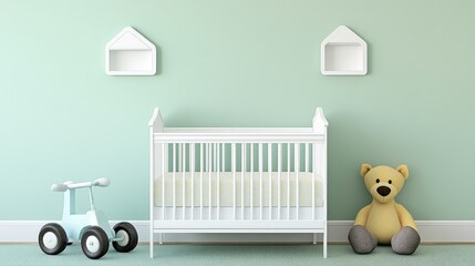 Simple children's bedroom in soft pastel tones with a crib and carpet, offering a calm, peaceful environment for sleep.