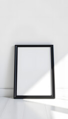 Black picture frame mockup on the floor isolated with white highlights, png