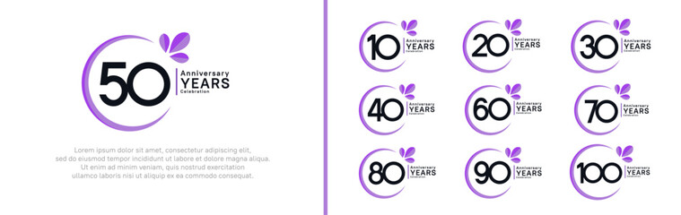 anniversary logotype set. vector design black color with purple ring and leaf for special moment