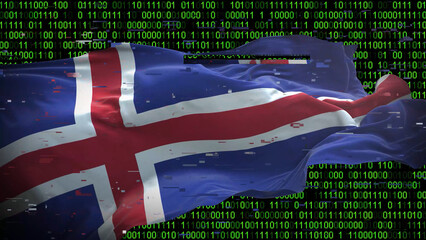Binary code on flag of Iceland. Program source code or Hacker concept on Icelandic flag. Iceland digital technology security, hacking or programming
