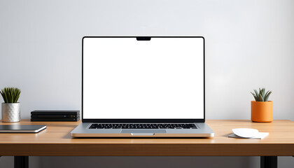 Fototapeta premium laptop computer mockup with blank screen on office desk isolated with white highlights, png