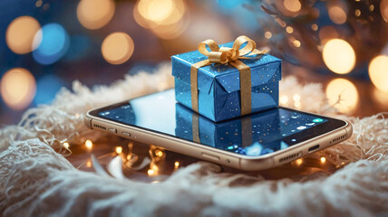 Smartphone with small blue gift on the screen. Christmas gift box with ribbon on phone. Christmas online shopping, ordering gifts in online store	