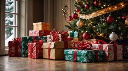 New Year's gifts under the tree. Immerse yourself in the holiday atmosphere.