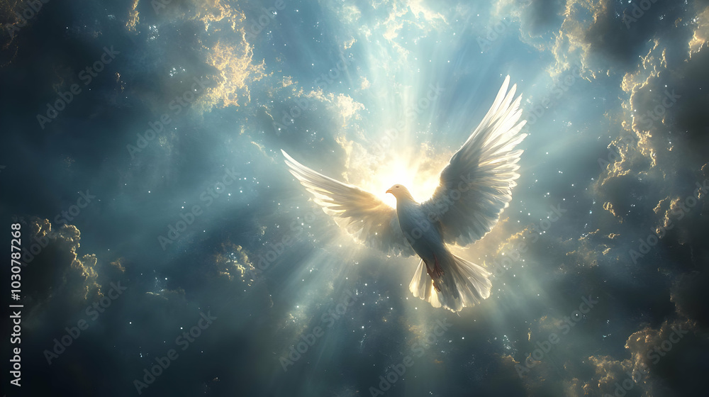 Poster a radiant dove soaring through luminous clouds and rays of light.