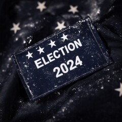 White text reading "ELECTION 2024" adorned with stars, set against a dark background with a subtle flag design. Bold, patriotic theme representing the upcoming election year.
