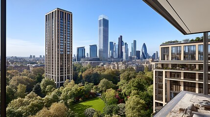 Naklejka premium Panoramic view of a city skyline with modern buildings and green trees in the foreground.